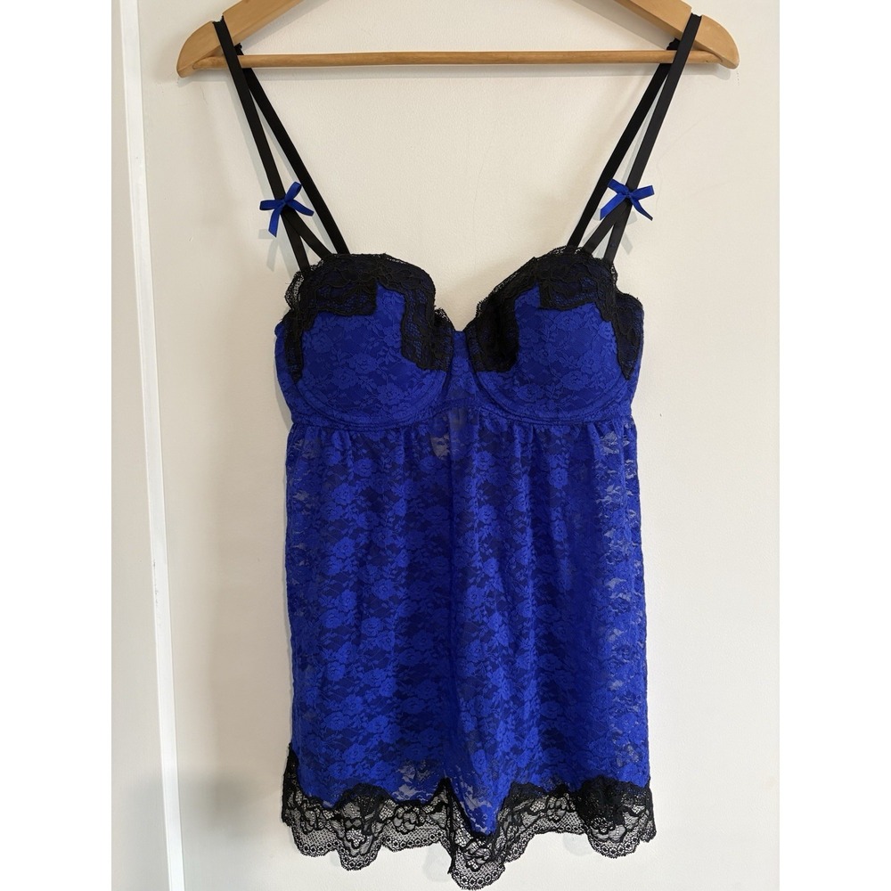 VTG La Senza Perfectly Me Blue Black Lace Babydoll Chemise Push Up Slip Dress M
